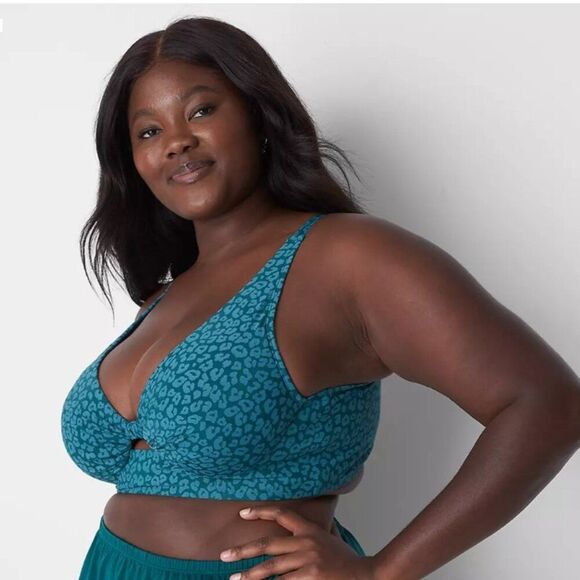 Swim by Cacique Underwire Knot-Front Bikini Top Green Teal 44D - Picture 3 of 15